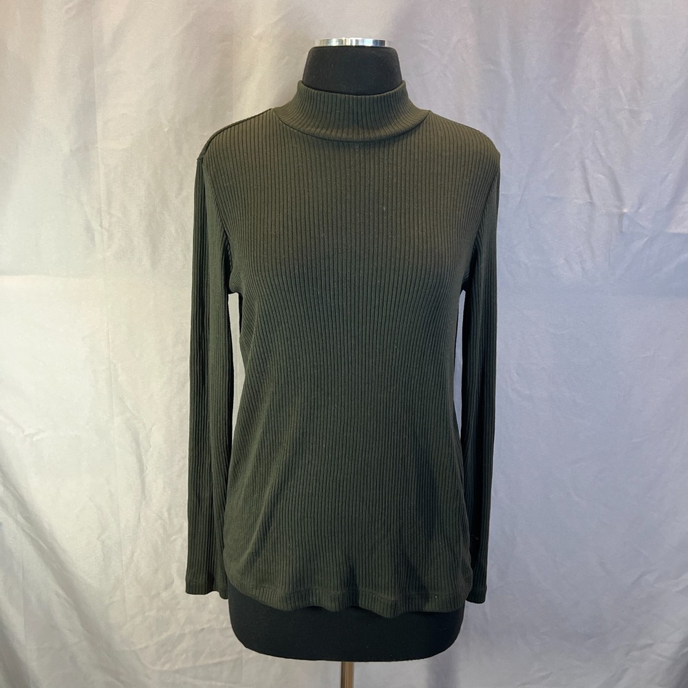 Uniqlo Thermal Shirt Womens Large Olive Green Ribbed Knit High Neck Long Sleeve
